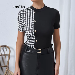 Lovito Camiseta feminina casual com botões geométricos Houndstooth LBL16622