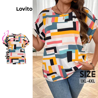 Lovito Blusa geométrica casual plus size para mulheres LBL16655