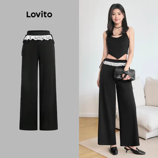 Lovito Calças casuais de renda lisa e colorblock para mulheres L102AD528