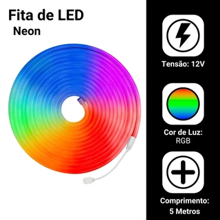 Fita de Led Mangueira Neon 5 Metros Alto Brilho Flexivel Siliconada IP65 Com ou Sem Fonte RGB