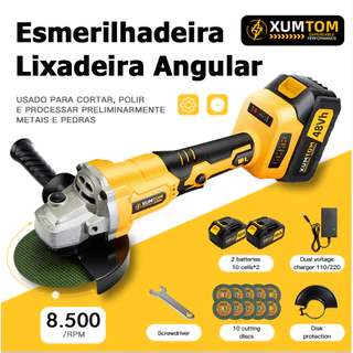 Esmerilhadeira Lixadeira Sem Fio Angular profissional Brushless 8500rpm Com 2 Baterias 10 lâminas de serra