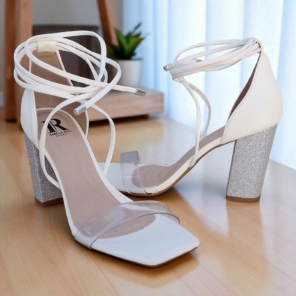 Sandália feminina Salto Alto Grosso 8cm – Napa Branca com Tira de