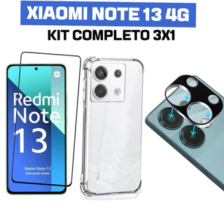 Kit Blindado Xiaomi Redmi Note 13 4G Película Vidro 3D + Capinha Transparente + Proteção Da Lente + Kit Aplicação