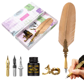 Conjunto De Caneta E De Tinta Quill Feather , Caligráfica Dip Pen Kit Estudantil Dipped Water Retro-Para Convites Livros De Cartas