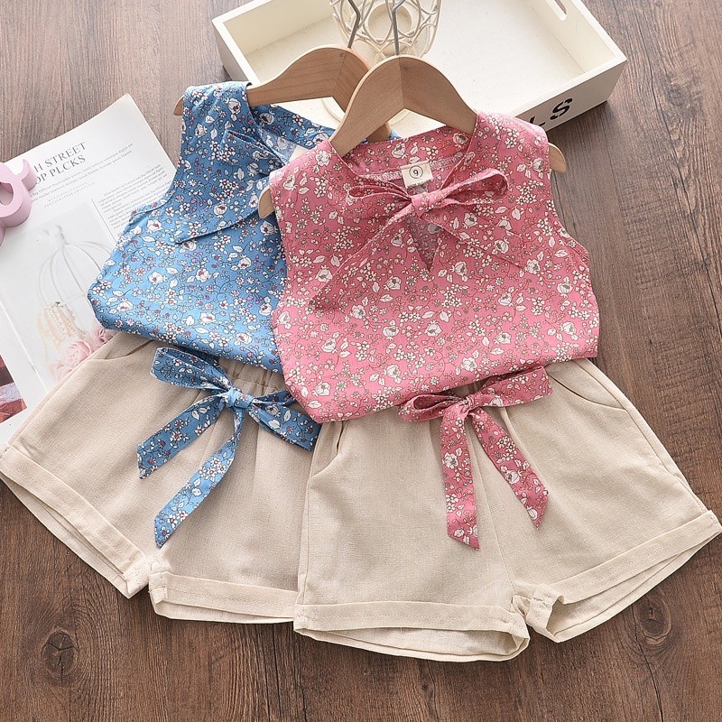 Summer Meninas Blusa Chiffon Casual Sem Mangas + Fatos De 2 Peças