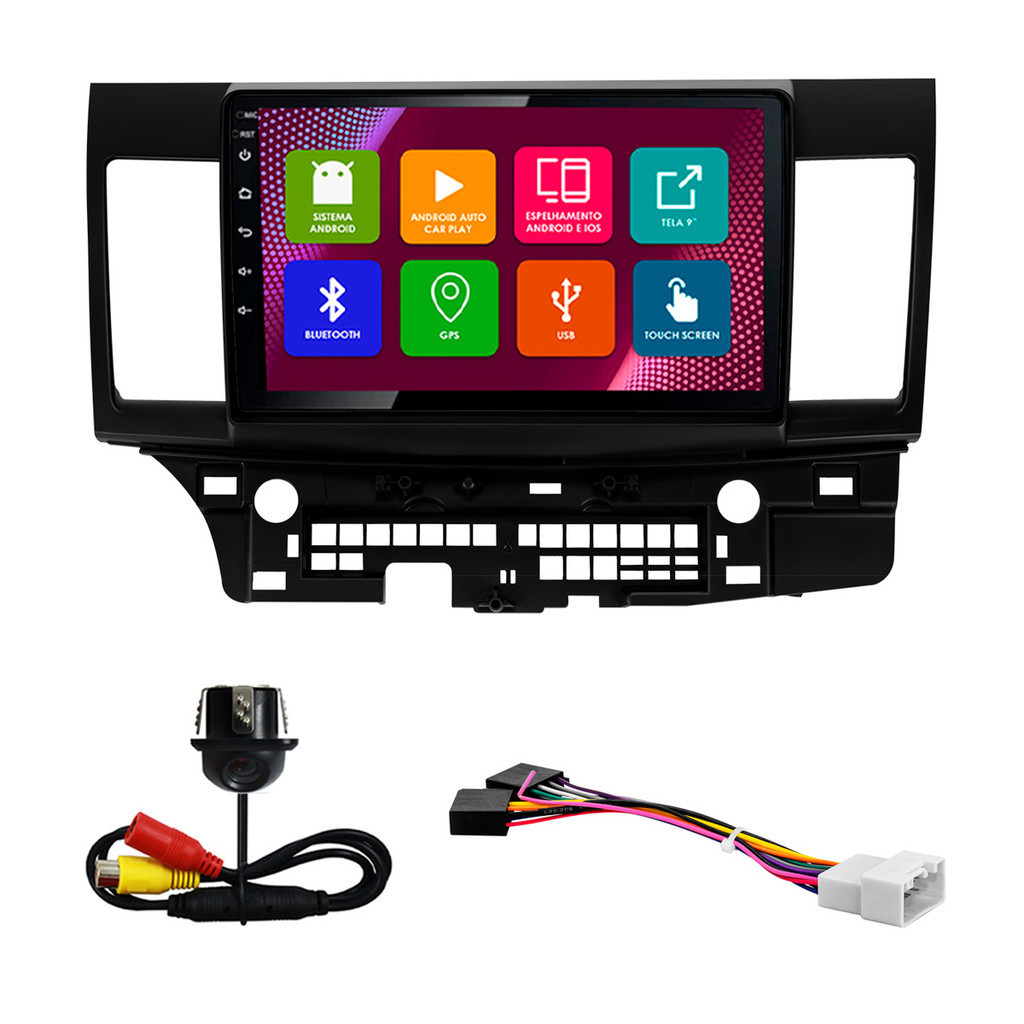 Kit Multimídia 10 Pol Lancer 2008 09 10 11 12 2013 2014 2015 2016 2017 Android 2Gb Ram 32Gb Flash Quad-Core 2 Din Preto