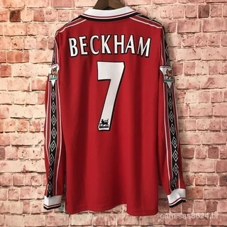 98 99 Homem Utd Home Soccer Jersey Tailândia BECKHAM Manga Longa/Short Retro Futebol Shirts Homens Curtos e Camisas Longas