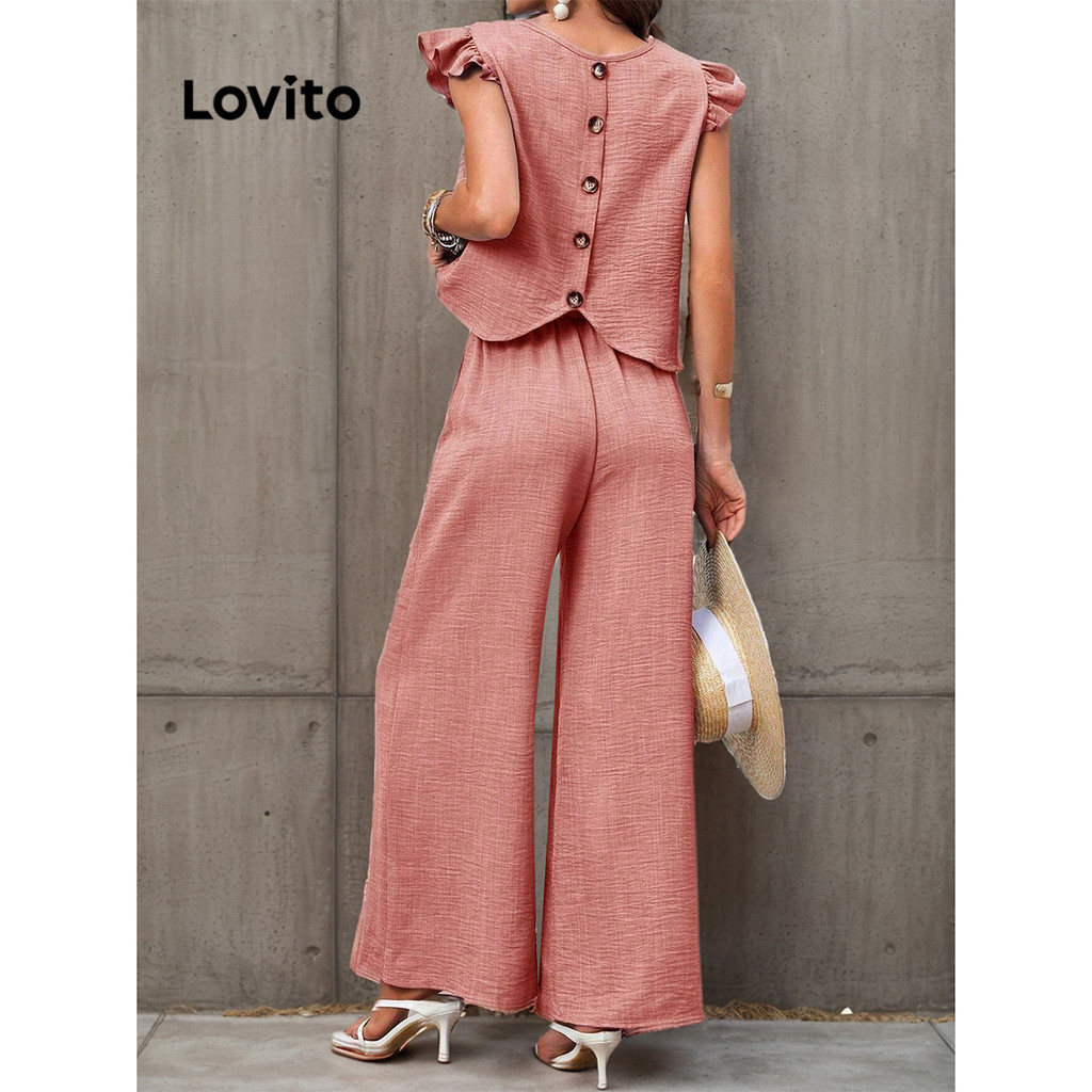 Lovito Conjuntos elegantes de calças com botões lisos para mulheres LBL15358