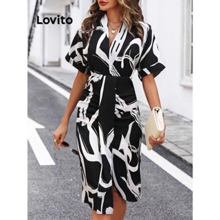 Lovito Vestido elegante pintado à mão com padrão assimétrico para mulheres LNL77458