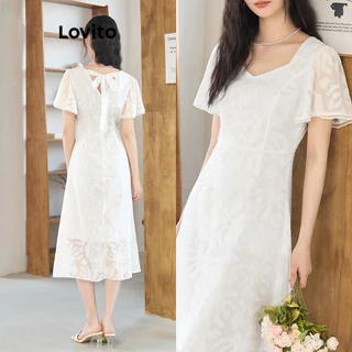 Lovito Vestido elegante com babados e estrutura de pérolas lisas para mulheres L100MD220