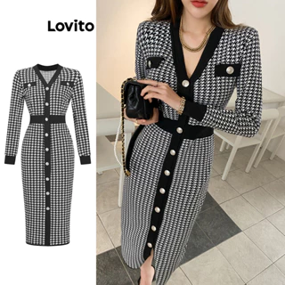 Lovito Vestido elegante com costura em tecido metálico Argyle Colorblock para mulheres L100MD318