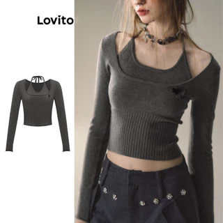 Lovito Casual Plain Fake 2 em 1 Suéter para Mulheres L102AD198
