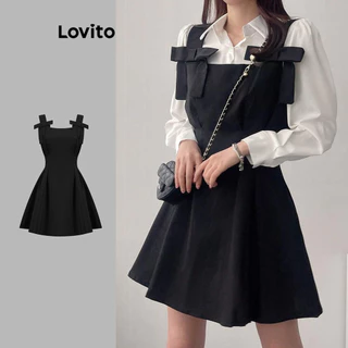 Lovito Vestido drapeado com estrutura frontal de laço liso fofo para mulheres L102AD016