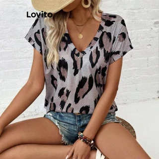 Lovito Camiseta casual com estampa de leopardo para mulheres LNL79329
