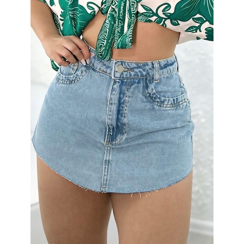 Short Saia Jeans Feminino Vanessa Cintura Alta Tendência | Shopee Brasil