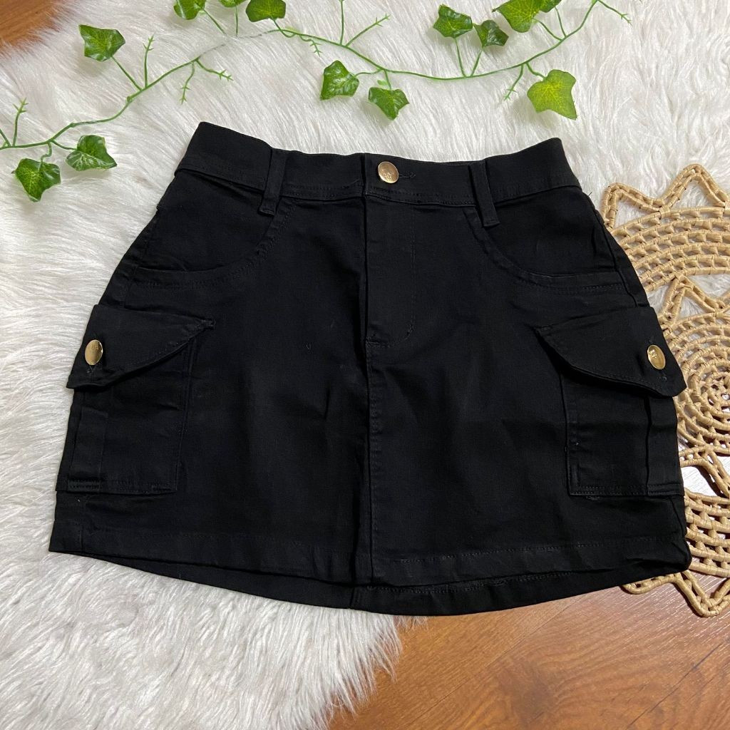 Saia jeans feminino 36 a 46 preto cargo cintura alta com lycra