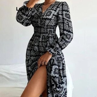 Lovito Vestido feminino casual com estampa tribal e smocked LNL56355