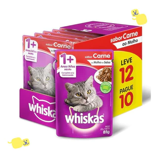 Kit 12 Sachês Whiskas 1+ Alimento Úmido Gatos Adultos Sabor Carne Ao Molho 85g Cat Proteínas 8%