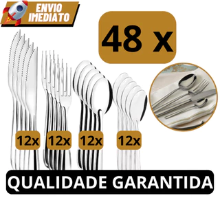 Jogo de Talheres 48 peças Aço Inox 12 Facas 12 Garfos de Mesa 12 Colheres e 12 Colheres de Chá