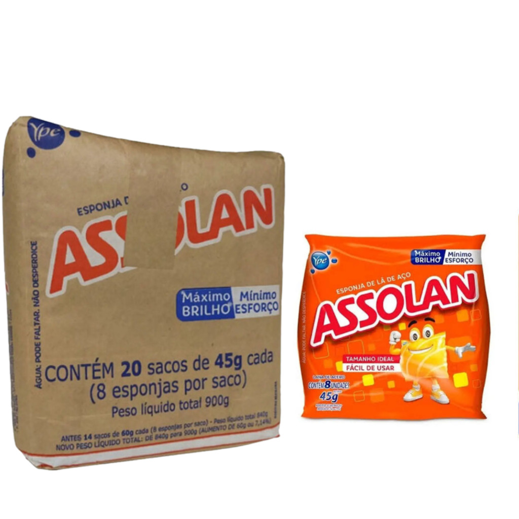 Fardo Assolan 20 Pacotes com 8 Unidades de 45g - Limpeza Eficaz Esponja ...