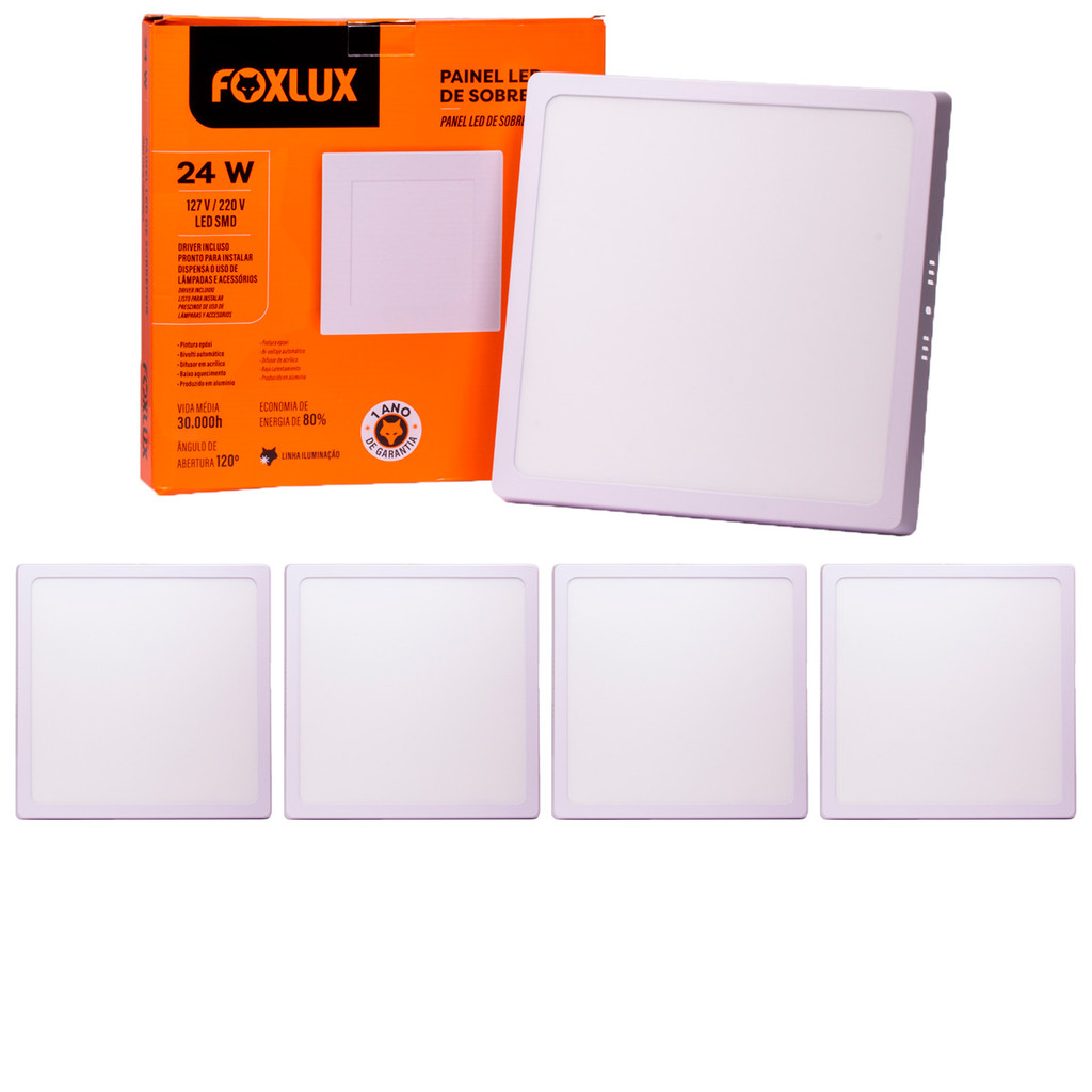 Kit 5 Painel LED Foxlux Quadrado Sobrepor 29,5x29,5 24W 4000K Branco ...