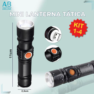 Kit 4 Mini Lanterna Tática Led USB Portátil com Zoom Recarregável Luz Forte Potência Alta Bateria Embutida