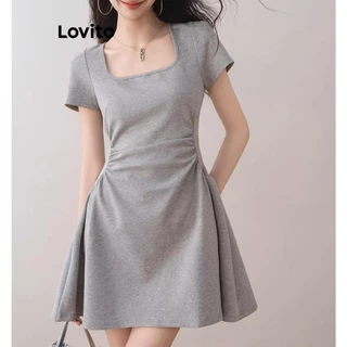 Lovito Vestido casual plissado liso para mulheres LNE74128