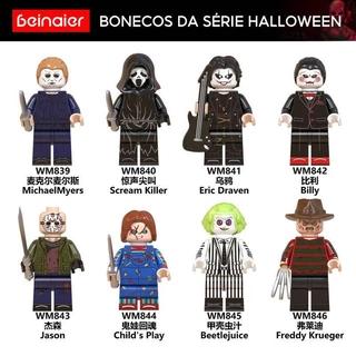 Minifiguras de terror da série Halloween montadas em brinquedos de blocos de construção