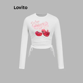 Lovito Camiseta fofa com estampa de frutas e vegetais franzidos para mulheres L102AD056