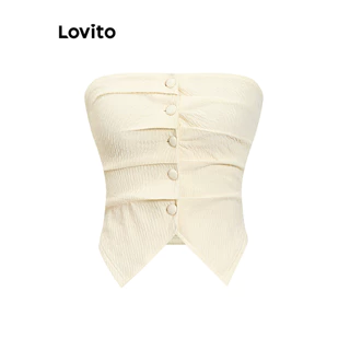 Lovito Glamourosa blusa plissada lisa com botões frontais para mulheres L102AD179