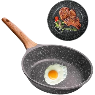 Frigideira Antiaderente 22cm em Alumínio com Revestimento Cerâmico, Frita Sem Óleo, Cabo de Madeira, Não gruda, Ideal pa