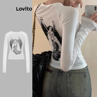 Lovito Camiseta casual lisa de malha contrastante para mulheres L102AD106