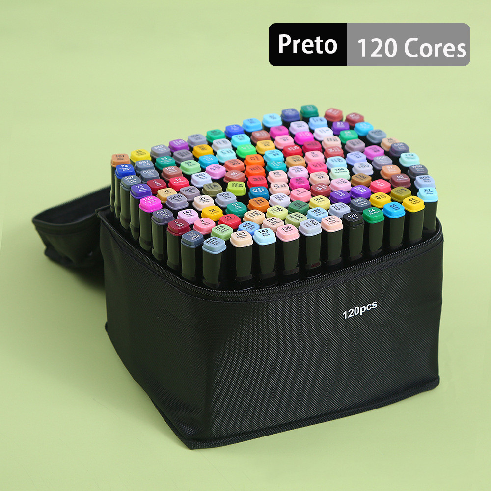 80/120 Cores Marcadores Caneta Marcadora de Ponta Dupla Preto