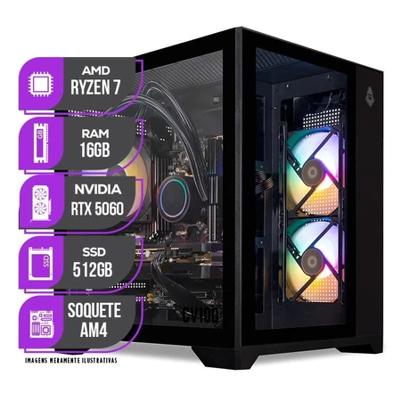 PC Gamer Mancer, AMD RYZEN 7 5700X, Water Cooler, RTX 5060 8GB, 16GB DDR4, SSD M.2 512GB, Fonte 600W 80 Plus