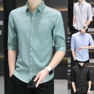 Camisa Casual Pura Camisa de Manga Pura de Verão Trendy Handsome Top