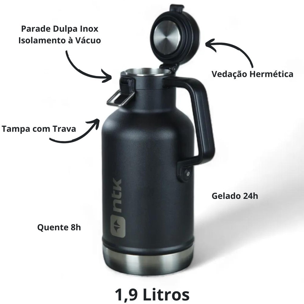 Garrafa Térmica Growler a Vácuo 1.9 L Parede Dupla Aço Inox Preta Tampa Trava Água Gelada Cerveja Bebidas Camping Praia