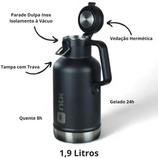 Garrafa Térmica Growler a Vácuo 1.9 L Parede Dupla Aço Inox Preta Tampa Trava Água Gelada Cerveja Bebidas Camping Praia