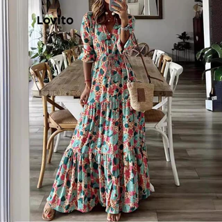 Lovito Vestido casual tropical com babados em cascata para mulheres LNL63393