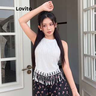 Lovito Boho Plain Lace Tank Top para mulheres L99ED592