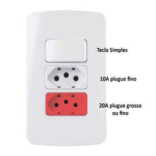 CONJUNTO TOMADA DUPLA 10A BRANCA 20a VERMELHA + 1 INTERRUPTOR SIMPLES 4X2 2X4 MARGIRIUS B3