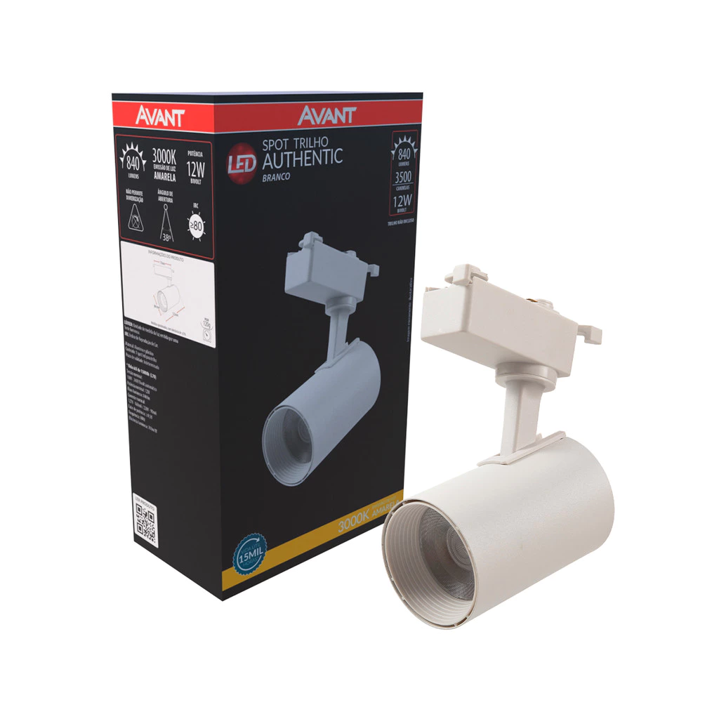 Spot Led Para Trilho Authentic T1 12w 3000k Branco Quente 110v/220v Bivolt IP20 Branco Cod: 251780571 Avant