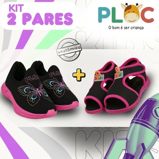 Kit 2 pares: Tênis Borboletas Jogging Preto Sola Pink + papete Ploc Menina (PAP02) em Oferta na Shopee