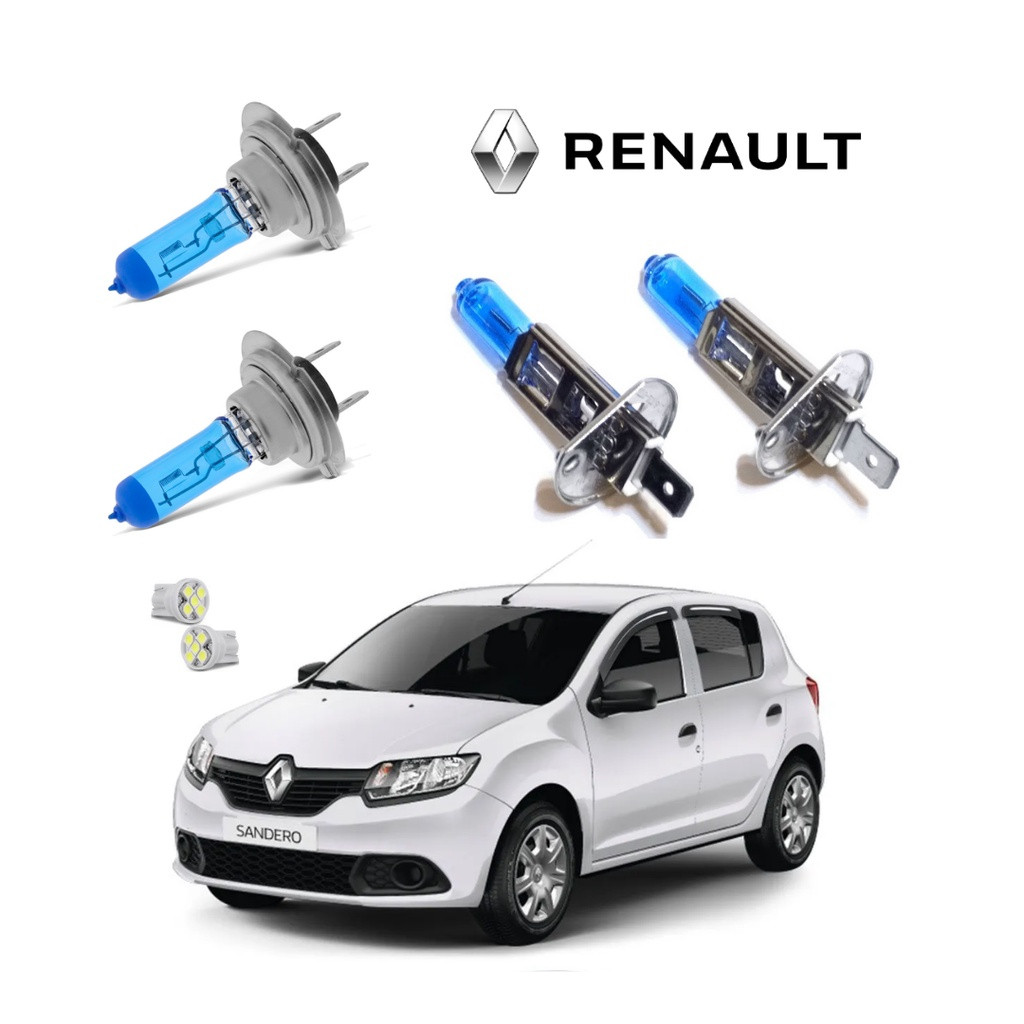 Kit Lâmpadas Super Branca Renault Sandero 2015 > 2019 Alto Baixo Lanterninha H1 H7 T10