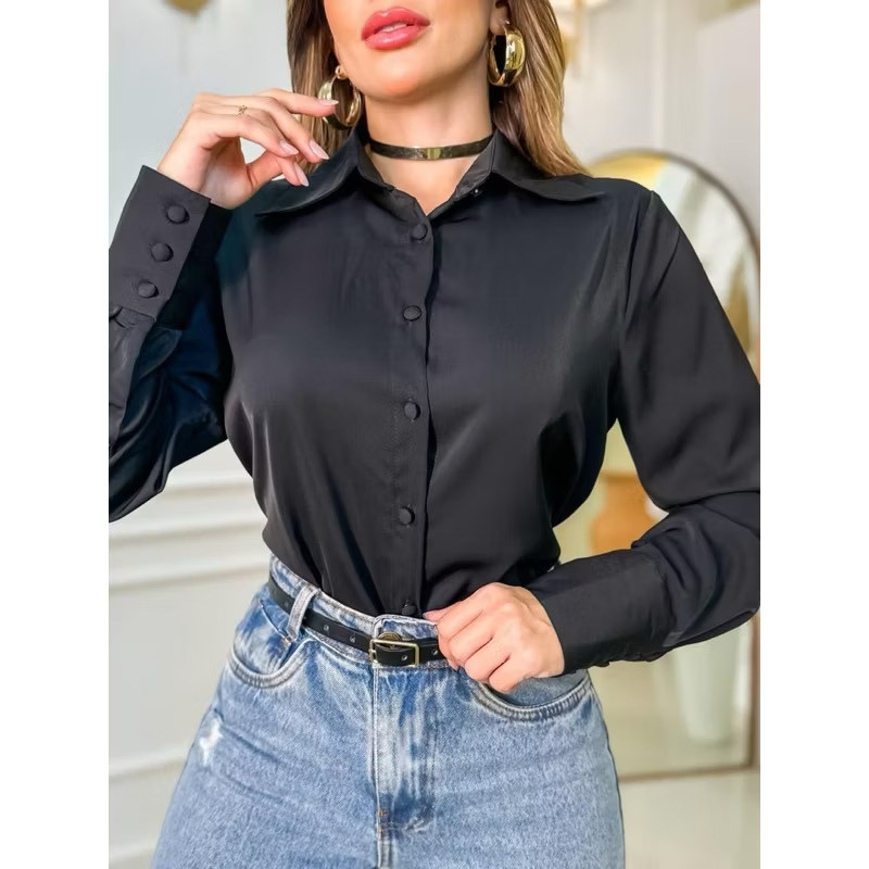 Camisa Feminina Social com Manga longa Branca e Preta | Shopee Brasil