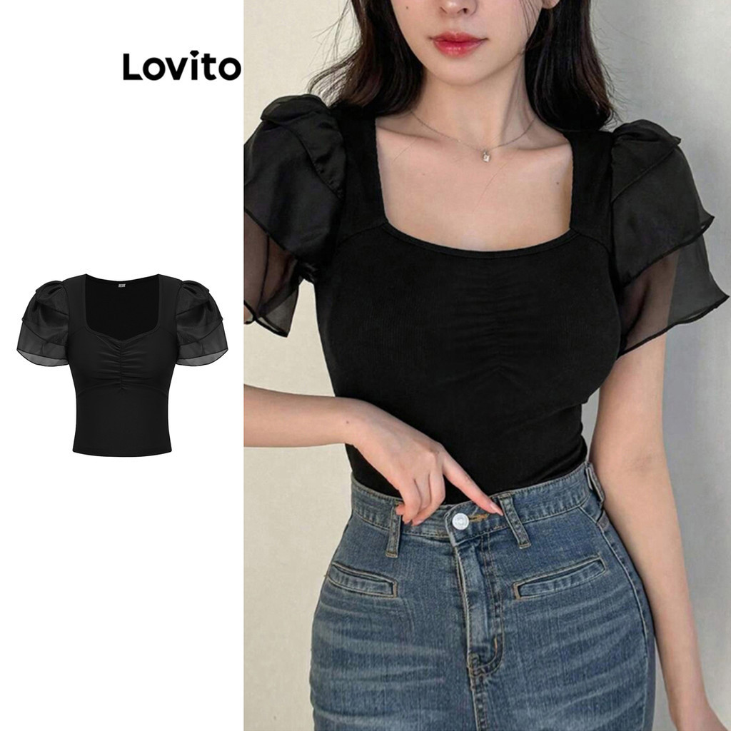 Lovito Camiseta feminina casual com malha de contraste simples e camada dupla com babados L89ED187