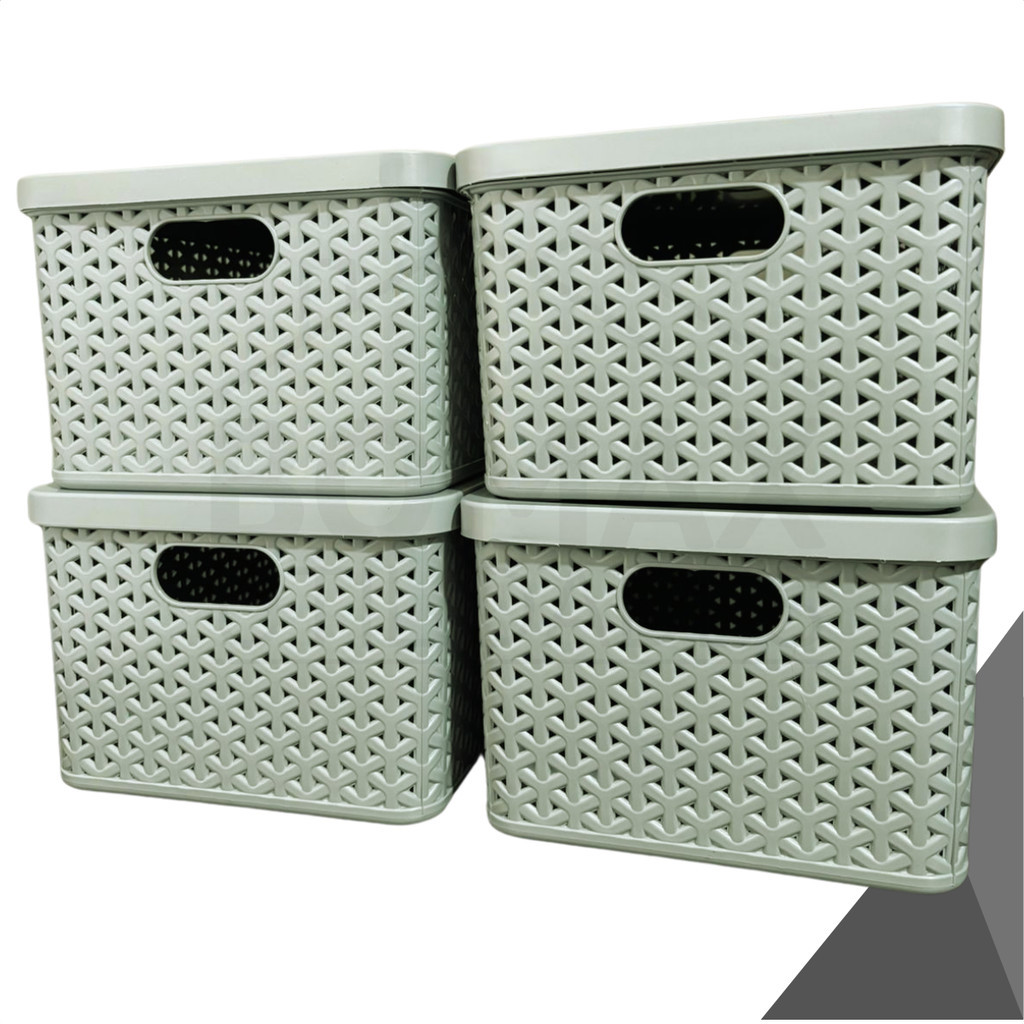 Kit 4 Caixas Organizadoras Cesto Rattan Cinza 7,5L Com Tampa
