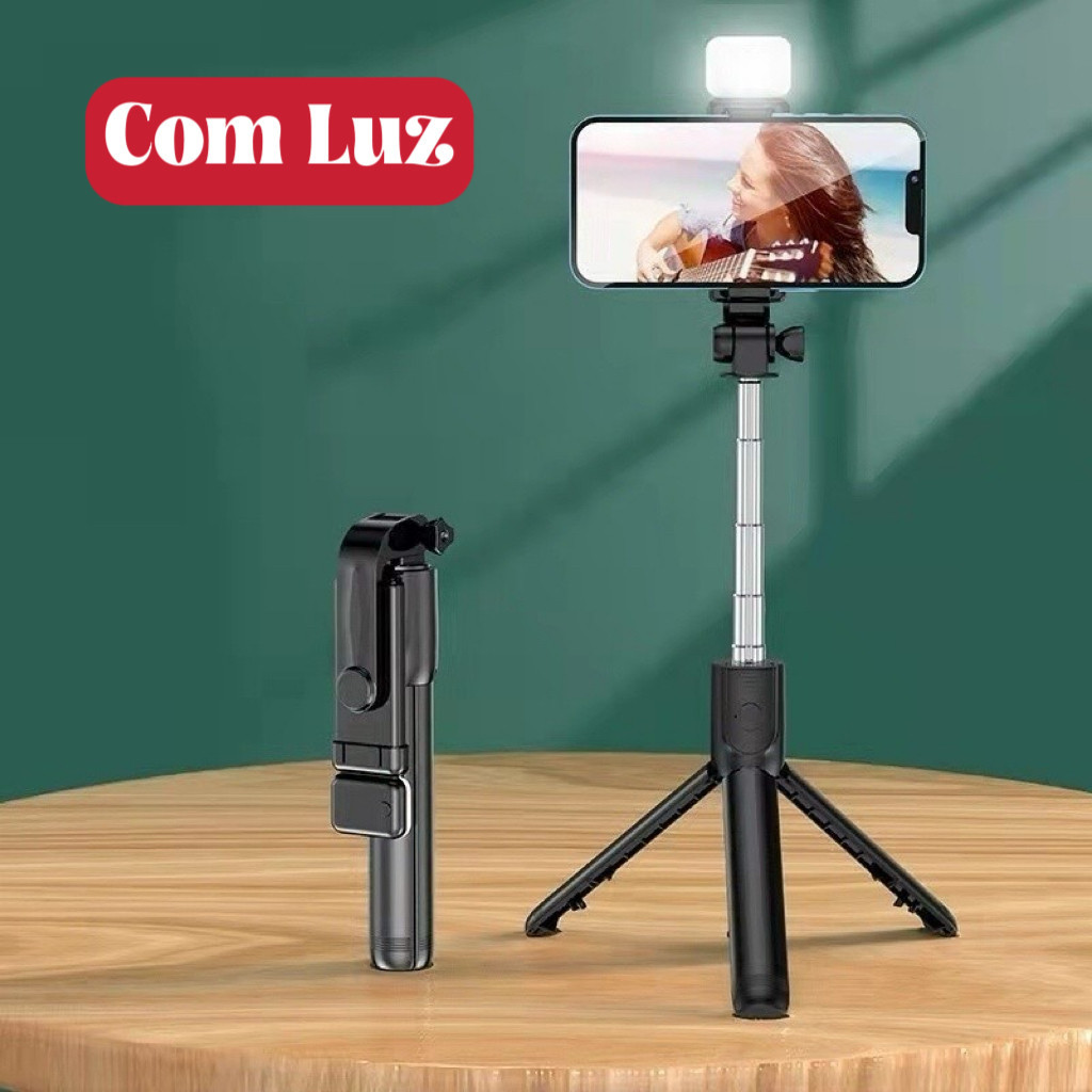 Bastão Pau de selfie Tripé Retrátil Com Luz LED Controle Bluetooth Celular