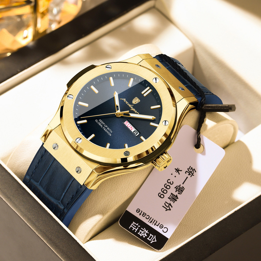 Relógio De Couro Masculino Com Bracelete Luminoso De Luxo Novo Quartzo Suporta Exibição Do Calendário