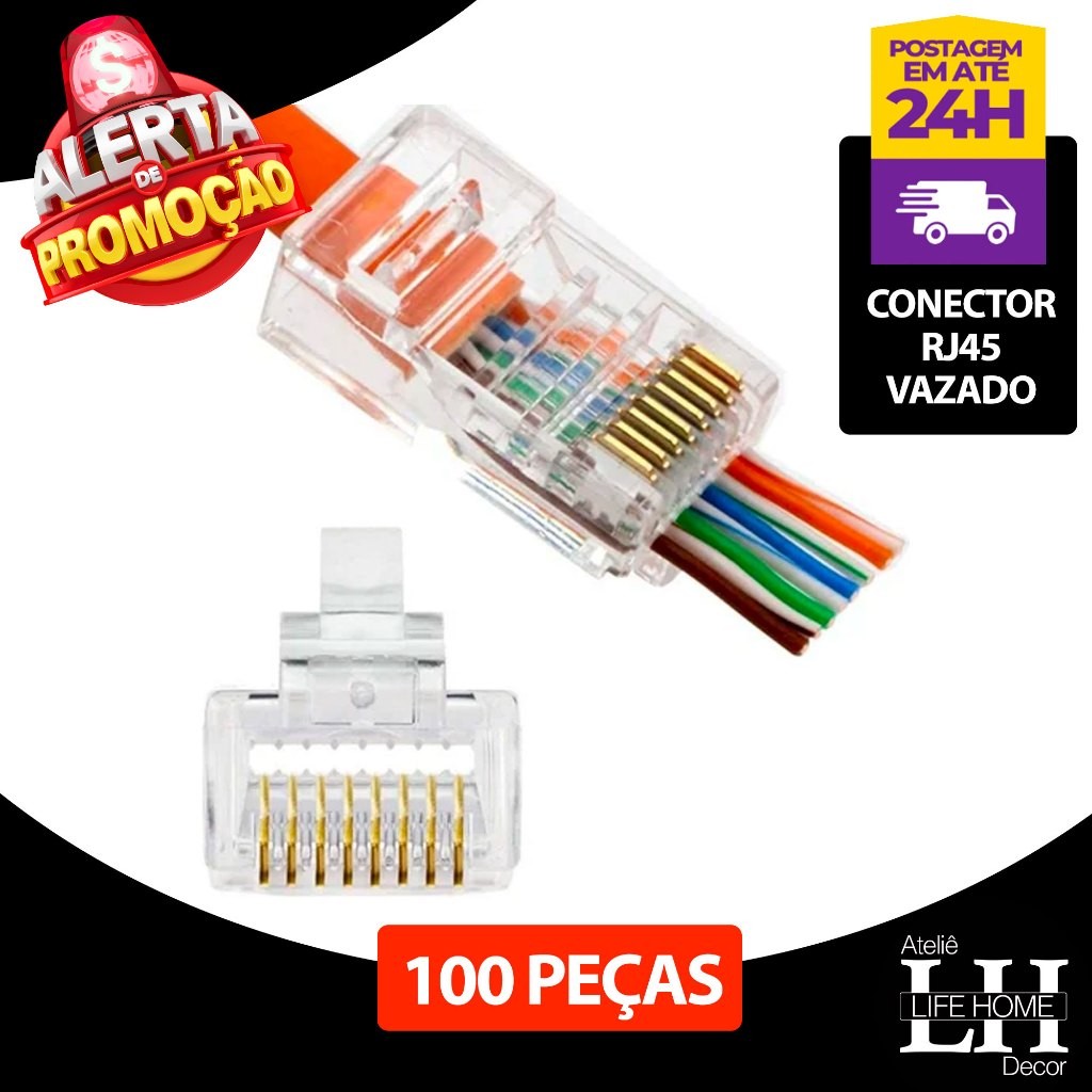 Kit 100 Conector Rj45 De Passagem Ez Crimp Cat5e Ouro Vazado