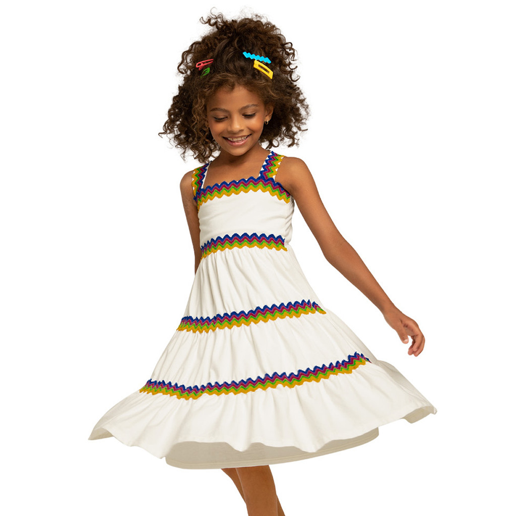 Vestido Infantil Midi Malha Off-White Rodado Bordado Zig Zag